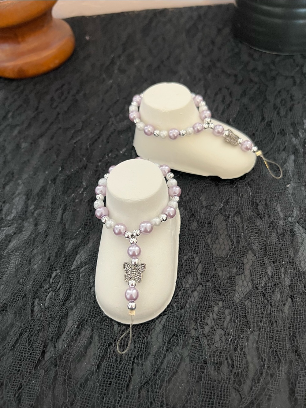 Lavender Pearl Baby Barefoot Sandals with Butterfly Accent